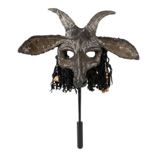 Vintage Handmade Ritualistic Marotte Style Mask Depicting a Horned Goat or Caprine Entity For Sale