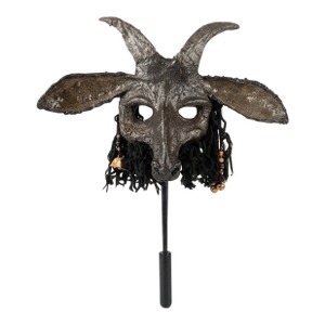 Vintage Handmade Ritualistic Marotte Style Mask Depicting a Horned Goat or Caprine Entity