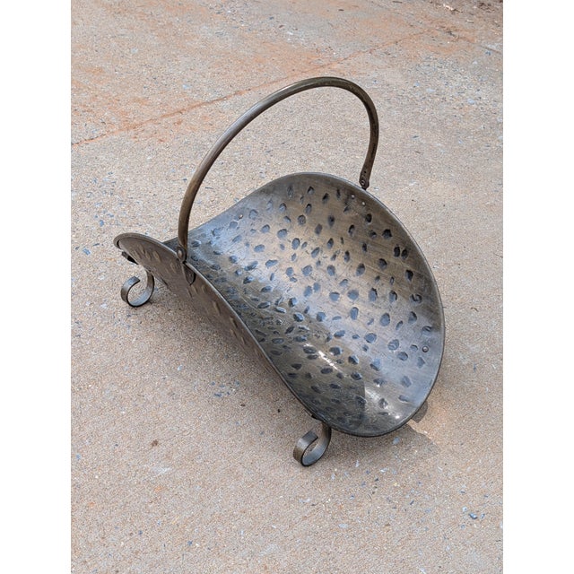 Rustic Vintage Hammered Brass Log Holder With Swing Handle - Firewood Carrier & Fireplace Decor, Rustic Home Accent For Sale - Image 3 of 5