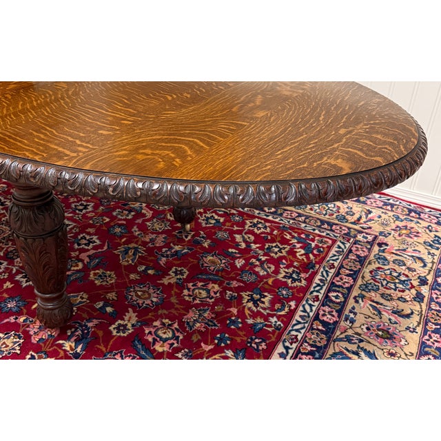 Antique English Butterfly Leaf Oval Carved Dining Table 118" Tiger Oak C1920-30s For Sale - Image 14 of 17