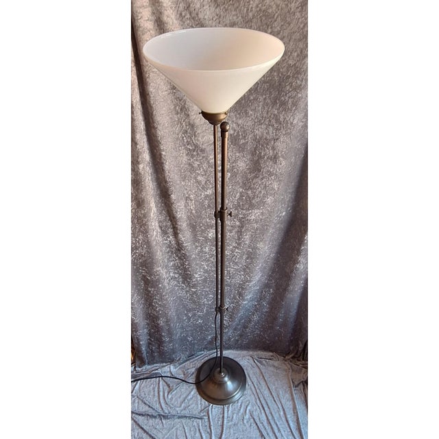 Vintage Height-Adjustable Floor Lamp with Patinated Brass Frame and White Glass Shade, 1980s For Sale - Image 6 of 7
