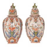 Image of Antique Delft Vases Polychrome Covered Baluster Vases With Foo Cats Hand Painted - a Pair For Sale