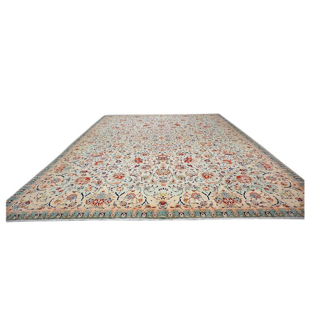 Antique Persian Tabriz Emad Wool 9X12 Red, Mint Green & Pink Handmade Area Rug #9902603 For Sale - Image 4 of 9
