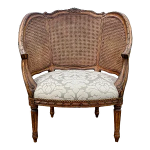 Carved Louis XV Style Caned Barrel Back Wing Chair