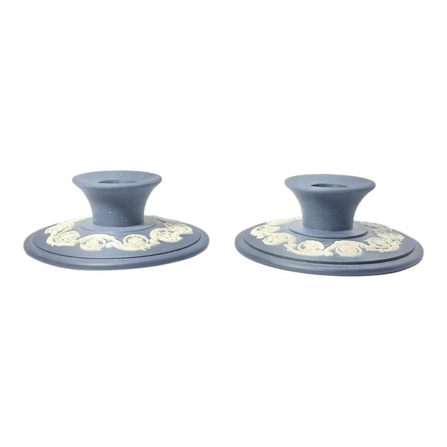 1970s Wedgwood Jasperware Portland Dark Royal Blue Pair of Taper Candlestick Holders For Sale
