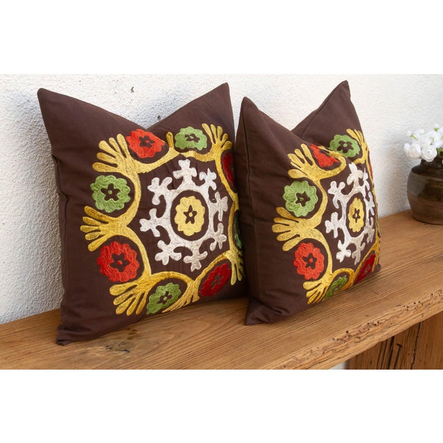 Pair of 18" Multicolor Suzani Medallion Pillow Covers For Sale - Image 4 of 8