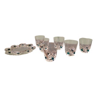 Floride Crystal and Turquoise Whiskey Tumblers and Assiette from Lalique, 1960, Set of 7 For Sale