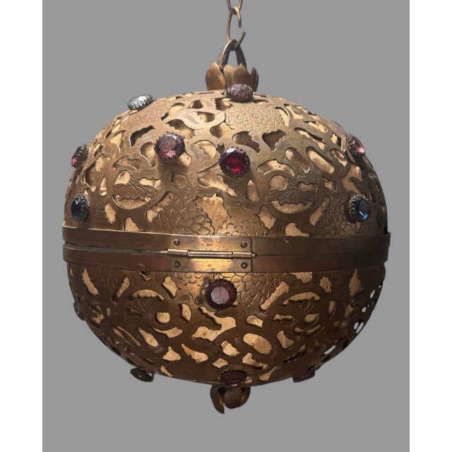 Vintage Japan Ornate Cut Out Brass Hanging Lamp Light Fixture W Faceted Jewels For Sale - Image 10 of 10