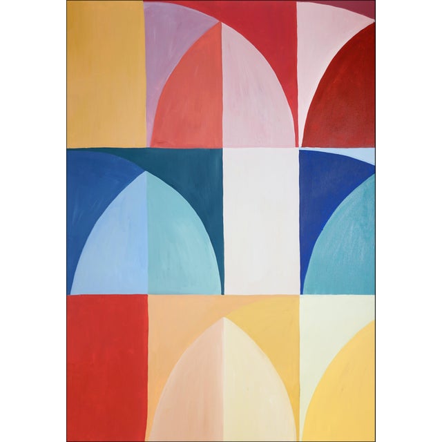 Bauhaus 2029, Modern Bauhaus Patterns of Italian Vintage Parasols, Primary Tones Original Painting Diptych on Paper by Natalia Roman For Sale - Image 3 of 10