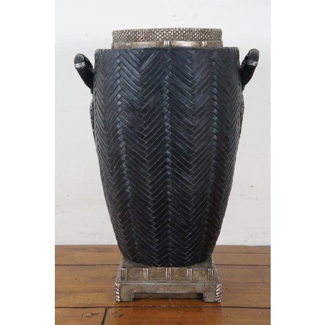 Late 20th Century Black & Silver Basketweave Handled Footed Flower Urn Centerpiece Vase For Sale - Image 4 of 12