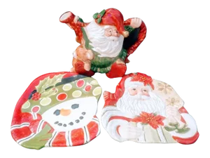 Vintage Fitz and Floyd Christmas Santa Clause Teapot and 2 Decorative Snowman Plates Set of 3
