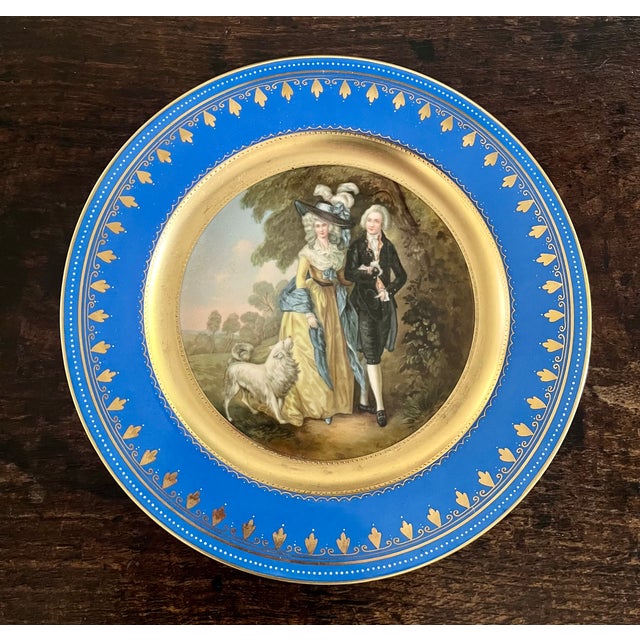 Traditional 19th Century Royal Vienna Style "The Morning Walk" Cobalt and Gold Gilt 10.5" Cabinet Plate For Sale - Image 3 of 8
