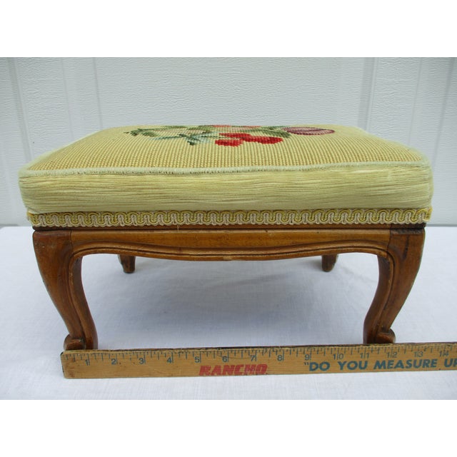 Vintage Belgian Yellow Upholstered Footstool With Carved Base For Sale - Image 11 of 11