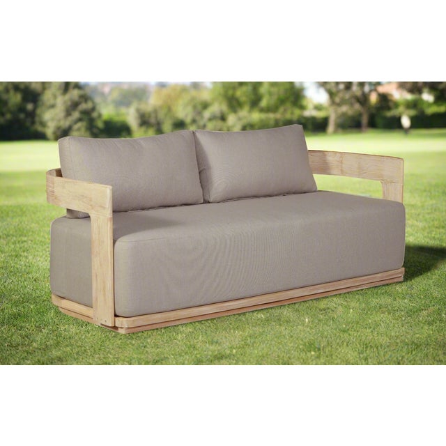 Eclipse Outdoor Solid Teak Wood Love Seat Natural - Gray Fabric For Sale - Image 9 of 11