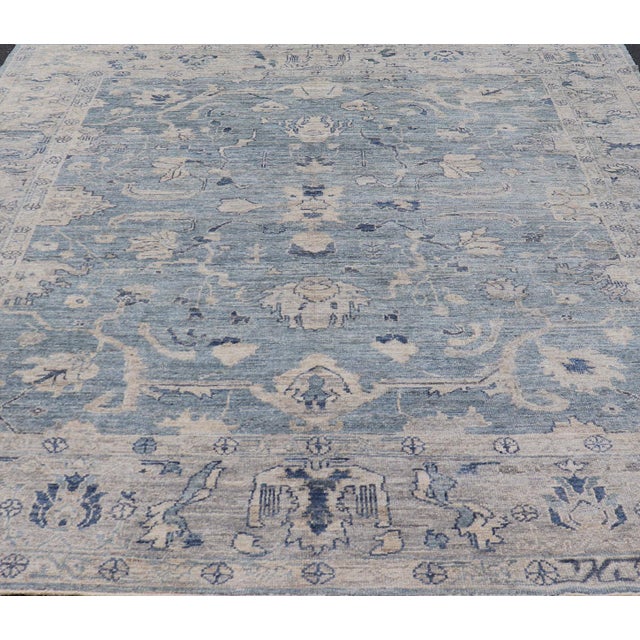 Turkish Angora Oushak Rug in Dusty Blue Background and Silver Border. Keivan Woven Arts / rug AN-151115, country of origin...