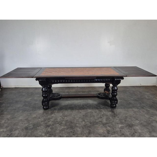 Breton Extendable Table in Carved Oak with Parquet Top For Sale - Image 8 of 14