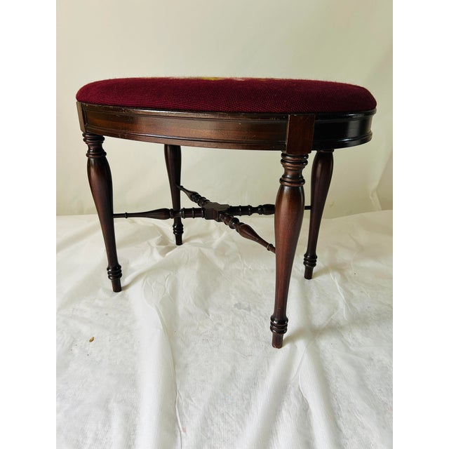 Vintage Oval Mahogany Wood With Handmade Needlepoint Bench /Stool For Sale - Image 4 of 7