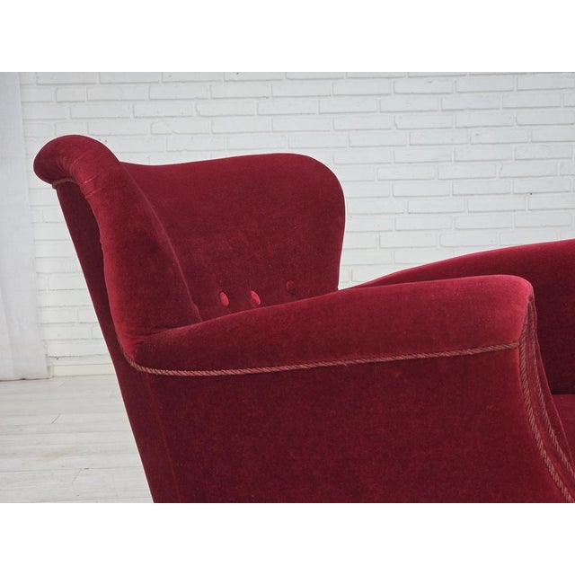 Vintage Danish Lounge Chair in Cherry-Red Furniture Velour and Oak, 1960s For Sale - Image 4 of 18