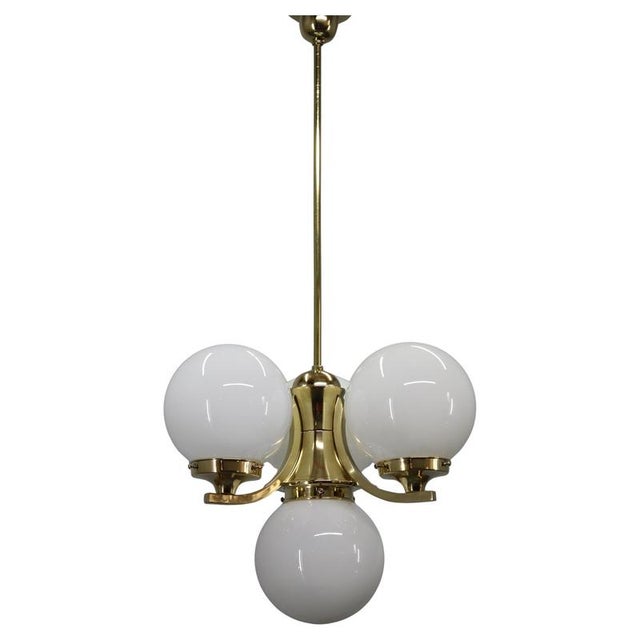 Art Deco Brass Chandelier with Opaline Glass, Czechoslovakia, 1930s For Sale - Image 11 of 11
