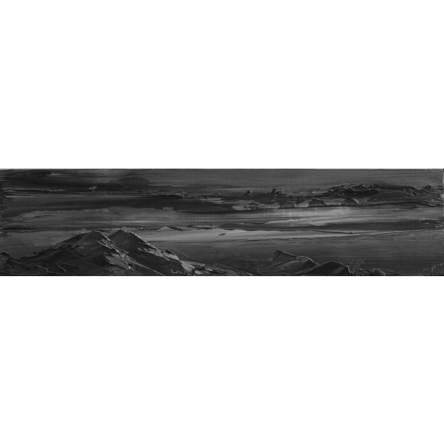 This artwork presents a dramatic monochromatic landscape, where textured peaks rise against a moody sky. The interplay of...