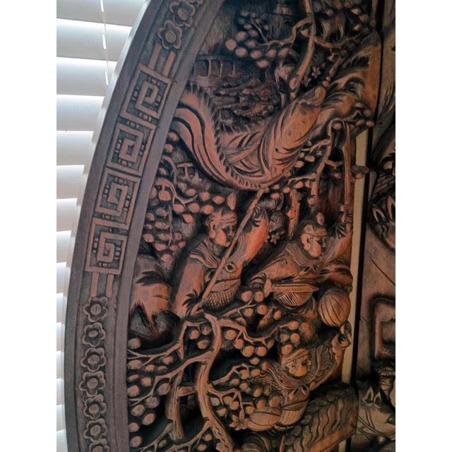 1930s Chinese Ornate Large Round Carved Teak Wood Equestrian Screen Divider For Sale - Image 10 of 18