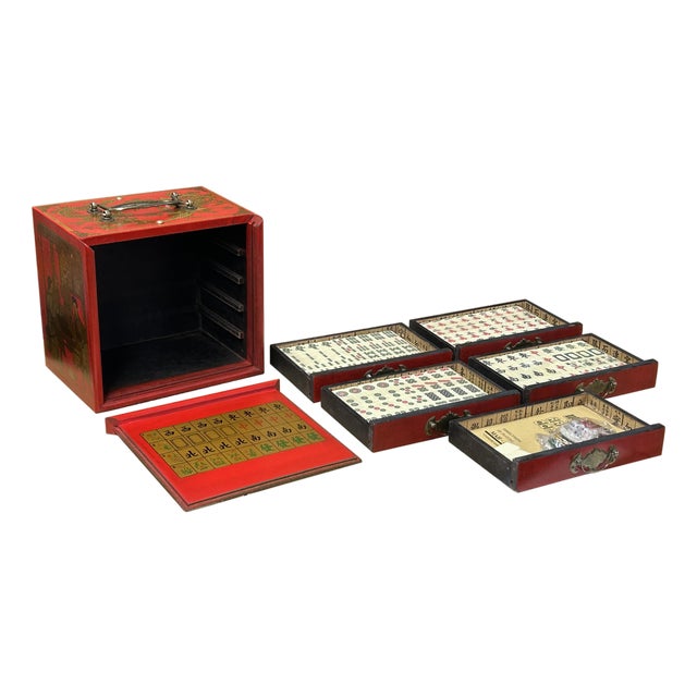 Chinese Flower Bird Red Vinyl Box Small Size Mahjong Tiles Game Set For Sale