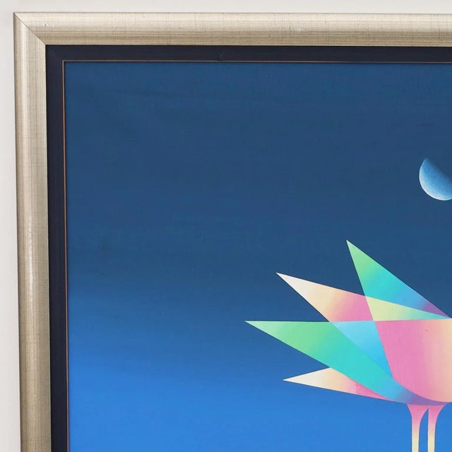 Exciting oil painting on canvas of a colorful dove on a wheel with geometric implications under a half moon and over a...