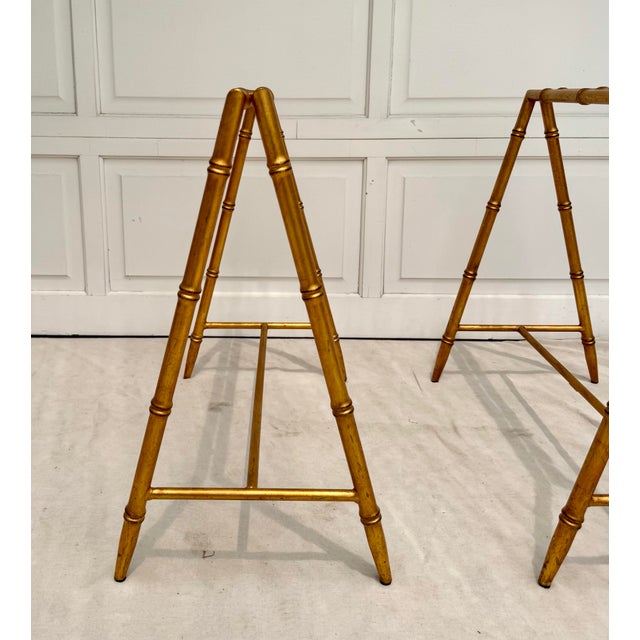 1970s Pair Vintage Gilt Faux Bamboo Sawhorse Form Table Bases in the Style of Tony Duquette For Sale - Image 5 of 10