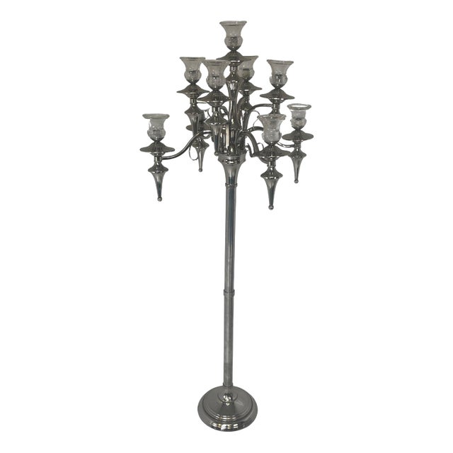 Extra Large 9-Light Floor Lamp with Chromed Metal and Glass Tops For Sale