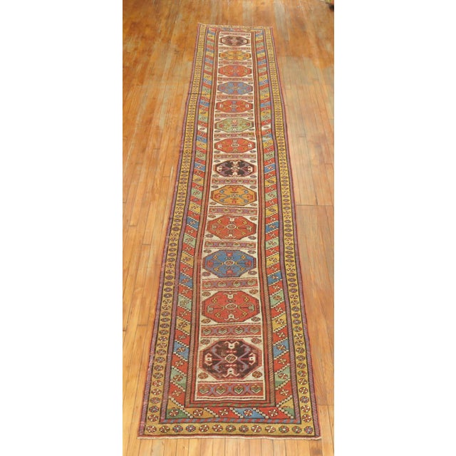 Tribal Geometric Antique Zabihi Collection Persian Kurdish Runner - 3' x 16'5" For Sale - Image 4 of 10