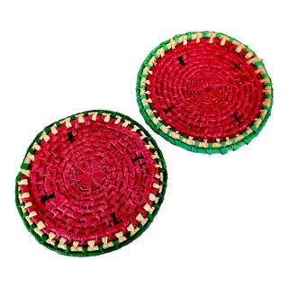 Mid-Century Americana Coastal Boho Chic Watermelon Rattan Trivets - A Pair For Sale