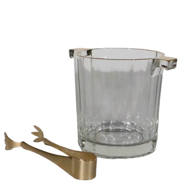 Transparent Hollywood Regency Faceted Glass Ice Bucket With Gold Trim Made in Italy C 1970's For Sale - Image 8 of 11