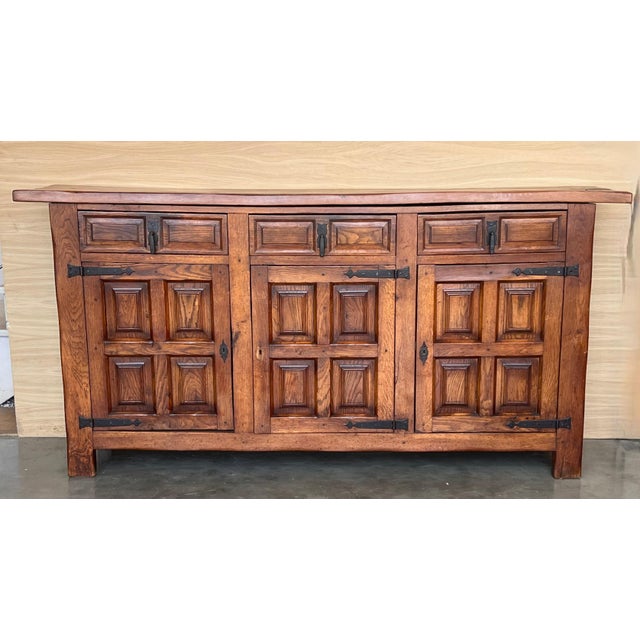 19th Century Large Catalan Spanish Baroque Carved Oak Tuscan Credenza or Buffet For Sale - Image 16 of 18