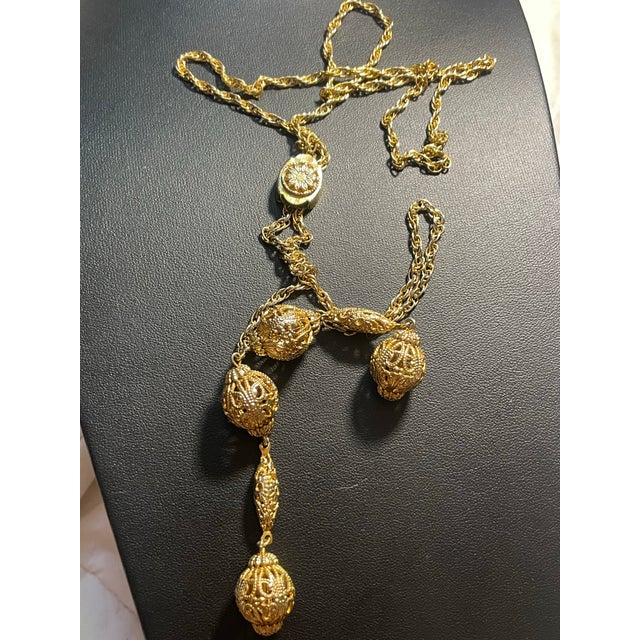 Metal MCM Jewelry Victorian Revival Adjustable Lariat Necklace Features a Gold-Tone Twisted Double Rope Chain With Floral-Embossed Sliding Tension Clip. For Sale - Image 7 of 7