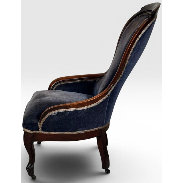 Antique Victorian Walnut Rococo Revival Navy Velvet Parlor Chair For Sale - Image 4 of 12