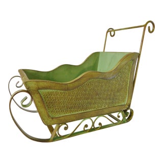 Large Green Wicker Wood & Wrought Iron Christmas Sleigh Basket For Sale