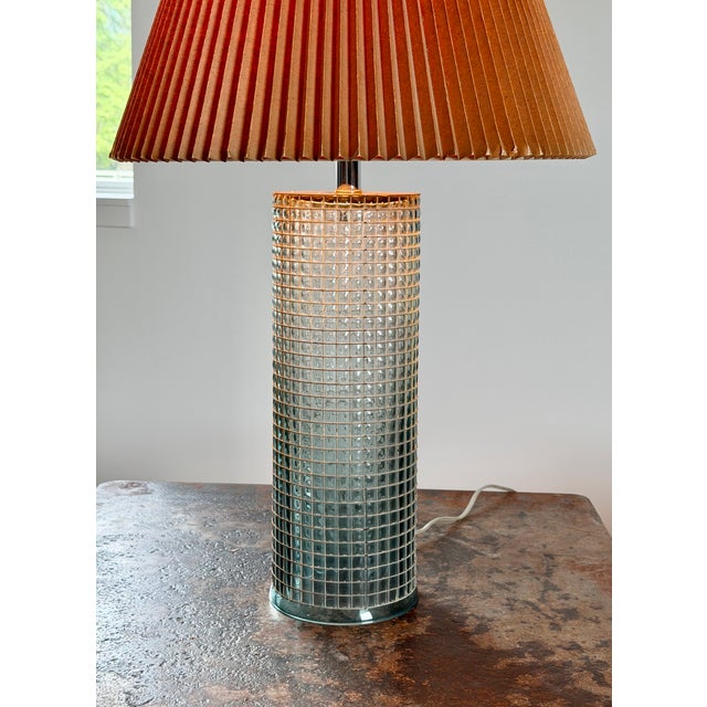 Bauhaus Maison De Verre-Style Caged Glass Lamp With Natural Paper Pleated Shade For Sale - Image 9 of 15