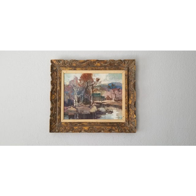 Mid-Century Modern 1970s Montreal Artist Guy Duveyre Rural River Landscape Oil on Canvas Painting For Sale - Image 3 of 11