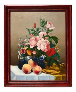 19th Century Floral Still Life Oil Painting, Framed