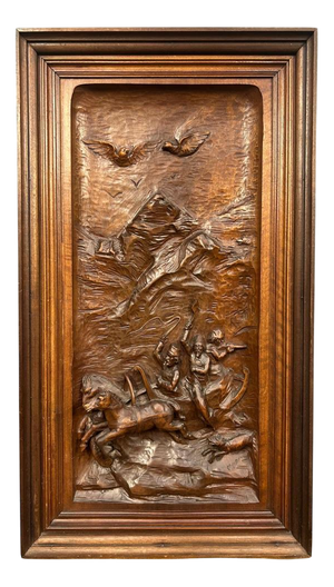 Black Forest Carved Horse Relief Panel with Hunting Scene, Germany, 1880s