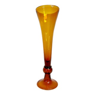 1970s Vintage Boho Chic Hollywood Regency Handblown Murano Style Tall Trumpet Vase For Sale