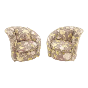 Mid Century Modern Nautilus Lounge Fire Side Chairs Abstract Print Pattern - A Pair