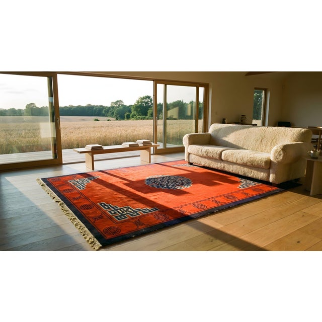 Strikingly Lovely Red Ground Color in a Greek Key Style Antique Chinese Mongolian Rug For Sale - Image 9 of 10