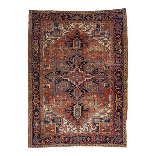 1920s Medallion Vintage Rust Heriz Handmade Wool Rug For Sale