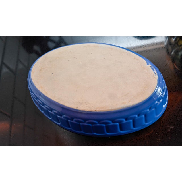 Ceramic Vintage French Blue & White Oval Ceramic Baking Dish | Embossed Scallop Pattern | 11" Stoneware Baker | French Pottery | Farmhouse Quiche For Sale - Image 7 of 9