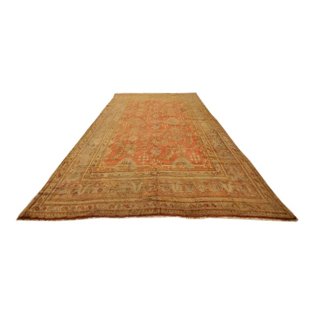 Early 20th Century Early 20th Century Antique Oushak Carpet, Oriental Rug, Handmade Rug Saffron, Light Blue and Coral For Sale