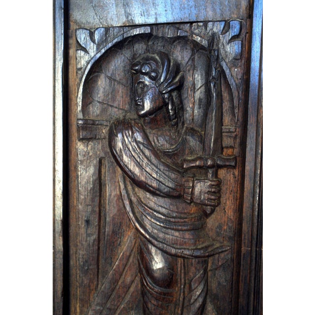 Antique Carved Oak Jacobean / Tudor-Style Overmantel Panel Large hand-carved solid oak in the English Jacobean...