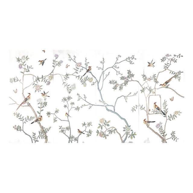 Silver Leaf Chinoiserie Hand-Painted Bird & Floral Wall Panels (Set of 4) For Sale