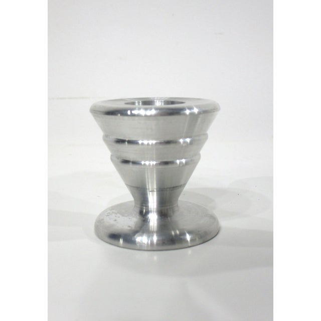 Nambe Machine Age Deco Mid Century Styled Turned Aluminum Candlesticks For Sale - Image 4 of 6