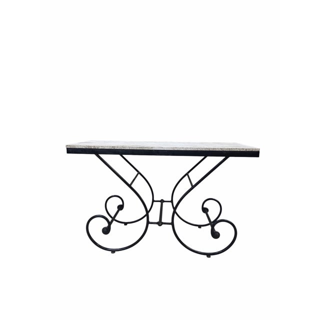 Metal Mid 20th Century Hollywood Regency Stone Top Table With Sculptural Wrought Iron Scroll Base For Sale - Image 7 of 8